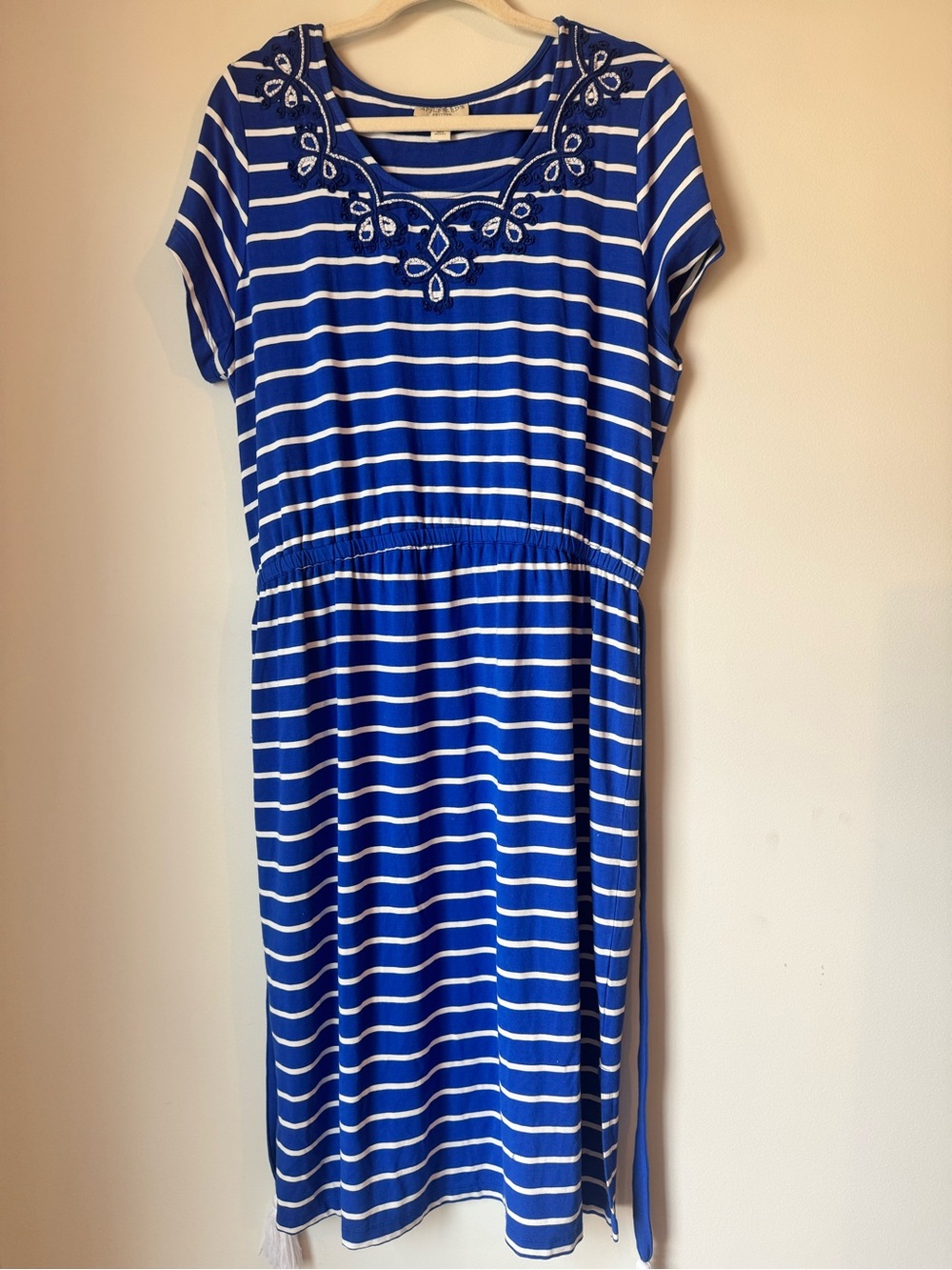 Appleseed's Blue and White Striped Tie-Waist Midi embroidered Dress - Picture 4 of 10